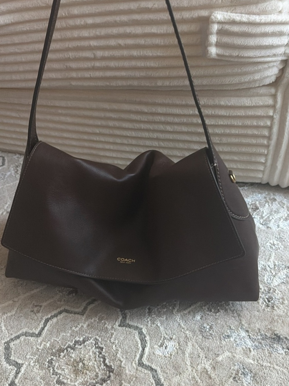 Coach Dark Brown Leather Shoulder Bag with Gold Logo